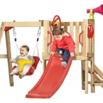 Columpio tobogán infantil - OUTSUNNY 18-48 Meses, 4 en 1, Madera, Columpio, Tobogán, Volante, Bocina, Teléfono, 170x200x118 cm, a partir de 14 año(s), Rojo