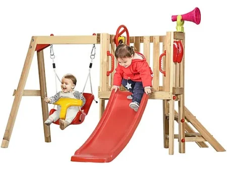 Columpio tobogán infantil - OUTSUNNY 18-48 Meses, 4 en 1, Madera, Columpio, Tobogán, Volante, Bocina, Teléfono, 170x200x118 cm, a partir de 14 año(s), Rojo