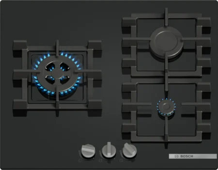 Placa de gas - Bosch PNC6B6K40, 3 zonas, Gas natural, 59 cm, Negro