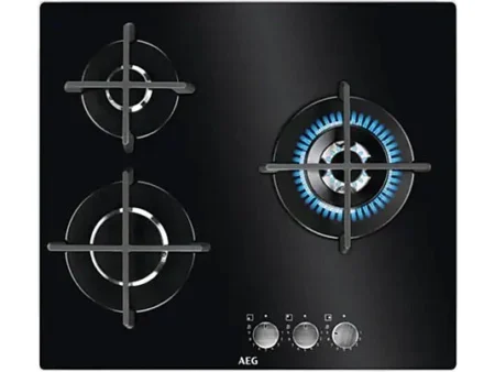 Placa de gas - AEG HKB63320NB, 3 zonas, Gas Natural, 590 mm, Cristal negro
