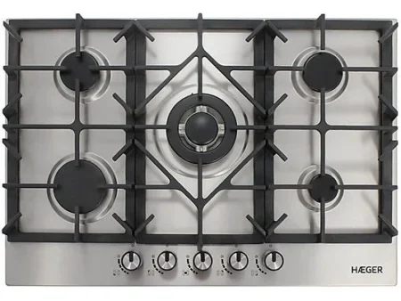 Placa de gas - HAEGER PG-5GI.006A, 5 zone(s) zonas, 750 mm, Negro, Acero inoxidable