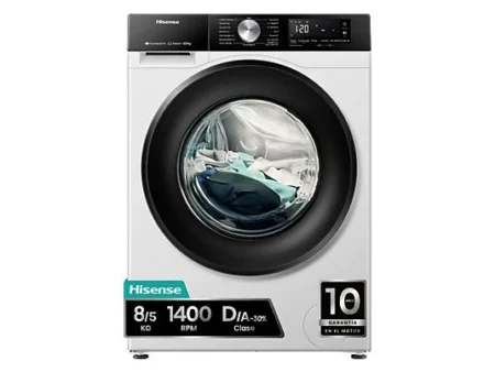 Lavadora secadora - Hisense WD3S8043BW3, 8 kg5 kg, 1400 rpm, 16 programas. Clase A-30%, WiFi, Blanco